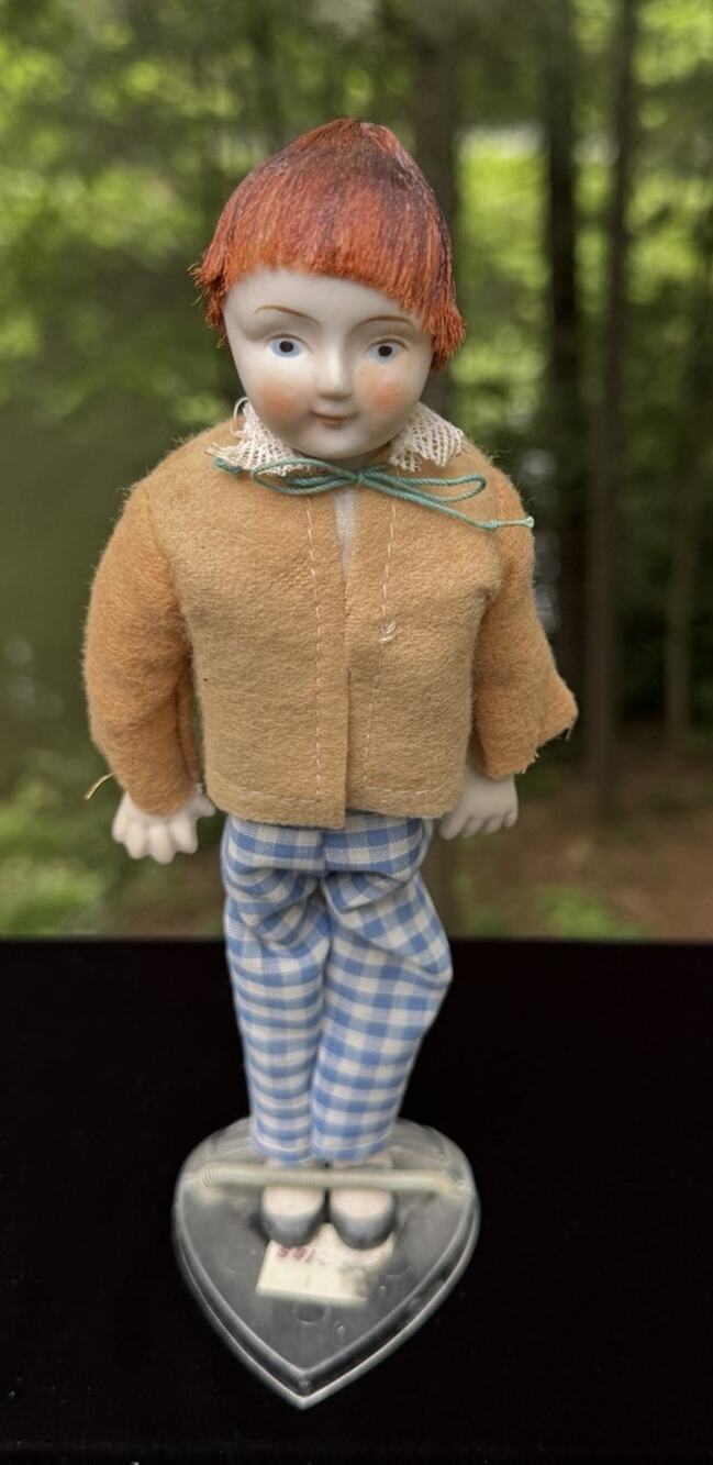 Vintage Shackman Bisque Porcelain Boy Doll On Original Stand W/ Tags -A82
